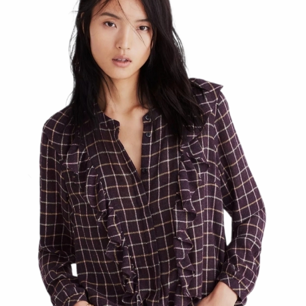 Madewell Ruffle Plaid Top Blouse Wool Blend Maroon